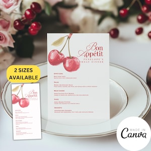 Plantilla de tarjeta de menú de cumpleaños con cerezas en la parte superior, carta de menú de brunch de despedida de soltera, letrero de buffet de comida de boda, menú de cena de ensayo, 128