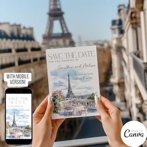 Plantilla para guardar la fecha en París, invitación digital para boda en un destino francés, tarjeta de invitación previa a la boda con ilustración de la Torre Eiffel 238