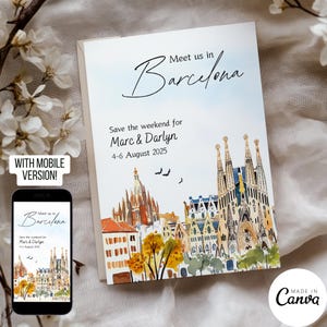 Incontrateci a Barcellona Save the Date Template, Spagna Destination Wedding Invito digitale, Illustrazione acquerello modificabile Pre-Wedding Card 178