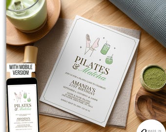 Pilates und Matcha Geburtstagseinladung Vorlage (Digitaler Download) 408