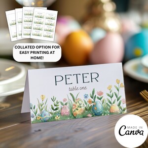 Easter Name Card Template, Easter Egg Food Buffet Card, Spring Floral Place Setting, Editable Birthday Seat reservation Assignment ETR3