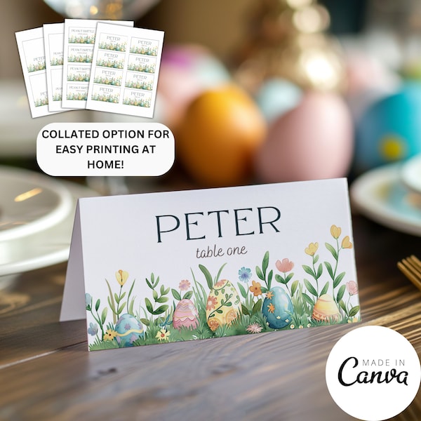 Easter Name Card Template, Easter Egg Food Buffet Card, Spring Floral Place Setting, Editable Birthday Seat reservation Assignment EB1