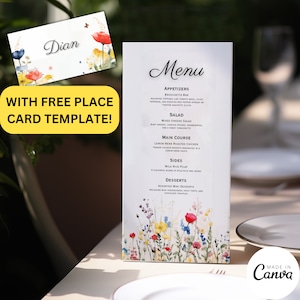 Modelo de menu de aniversário de designer, cartão de menu de casamento de primavera, carta de menu floral e cartão de configuração de lugar correspondente, decoração de aniversário de 16 anos