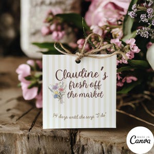 Modèle de carte Elle est fraîchement sortie du marché, Sticker décoratif EVJF personnalisé, étiquette cadeau douche nuptiale, étiquette cadeau de demoiselles d'honneur 293