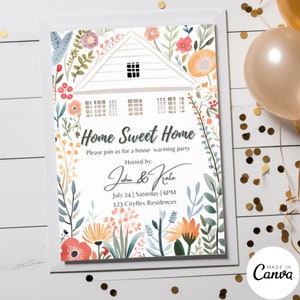 Floral Housewarming Party uitnodiging sjabloon, digitale Save the Dates, House Warming uitnodigingen, bewegende aankondigingen, bewerkbare Canva-sjabloon