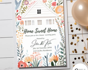 May include: A housewarming party invitation with a watercolor illustration of a house surrounded by flowers. The text reads "Home Sweet Home" and includes the names "John & Kate", the date "July 24", the day "Saturday", the time "6PM", and the address "123 Cityflex Residences".