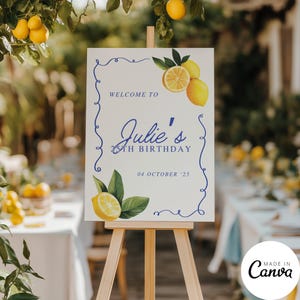 Modello di cartello di benvenuto al limone e agrumi, poster di ricevimento La Dolce Vita, cartello del ristorante per la festa di compleanno dei dolci 16, festa estiva italiana, 173