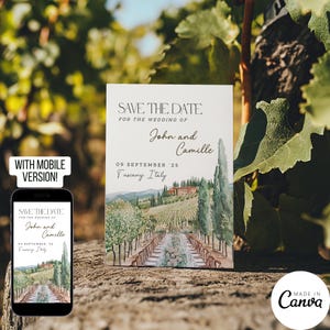 Italienischer Weinberg Save the Date Vorlage, Weingut Toskana Hochzeit Digitale Einladung, Aquarell Schloss Villa Illustration Pre-Wedding Card 162