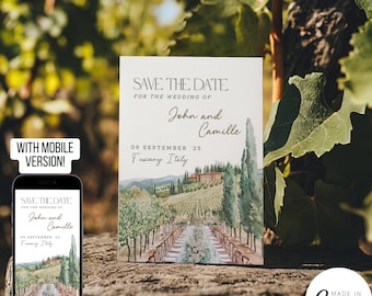 May include: Save the date card with a watercolor illustration of a vineyard in Tuscany, Italy. The card says "Save the Date for the wedding of John and Camille, 09 September '25, Tuscany, Italy."