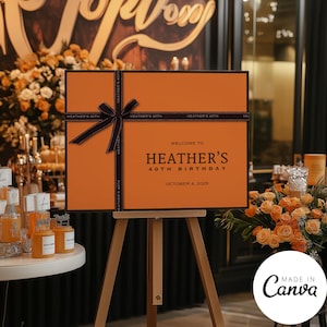 Szablon znaku powitalnego Orange Box Designer, luksusowy plakat powitalny na 50. urodziny, francuska elegancka dekoracja na brunch 123