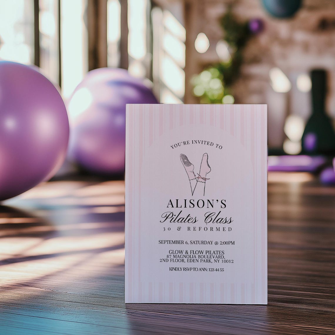 Pilates Class Birthday Invitation Template: Ribbon Coquette Theme ...