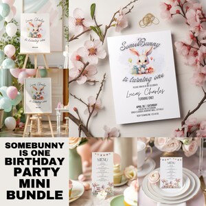 Mini ensemble de modèles de fête d'anniversaire SomeBunny is One, invitation de lapin de Pâques, panneau de bienvenue et carte de menu pour fête d'enfants, modifiable