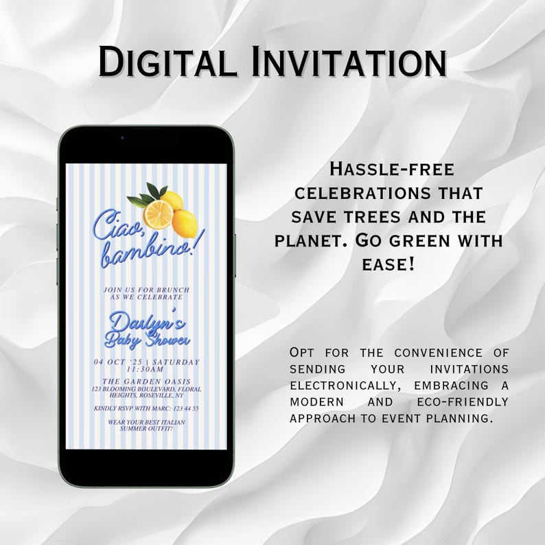 May include: A digital invitation for a baby shower with a blue and white striped background and lemons. The text reads "Ciao bambino!" and "Darlyn's Baby Shower". The date and time of the event are listed as "04 OCT 251 SATURDAY 11:30AM". The location is "THE GARDEN OASIS 123 BLOOMING BOULEVARD FLORAL HEIGHTS, ROSEVILLE, NY". The invitation also includes the text "KINDLY RSVP WITH MARC 1254453" and "WEAR YOUR BEST ITALIAN SUMMER OUTFIT".
