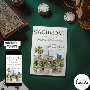Modello Save the Date di Las Vegas, invito digitale per matrimonio a destinazione disegnato a mano, biglietto d'invito pre-matrimonio a tema casinò 243