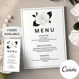 Szablon menu ślubnego projektanta, luksusowy perfum nr 5 list menu marki, znak bufetu z jedzeniem z kwiatów kamelii, edytowalny szablon Canva CHANTAL 025