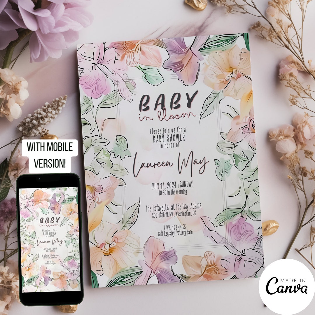 Spring Invitations Bloom Baby in Bloom Invitation Template, Baby Shower Greenery Invite, Spring ...