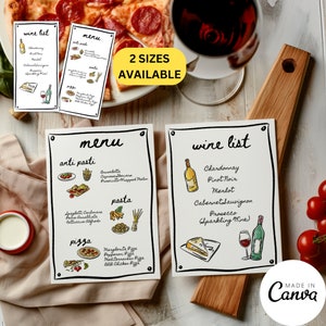 Szablon karty menu pizzy i wina, włoski list menu urodzinowej kolacji, ręcznie rysowany znak bufetu restauracyjnego, edytowalna lista win