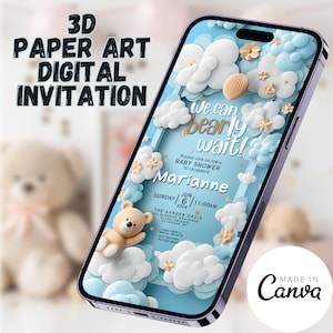 Modello di invito per baby shower con orsacchiotto, possiamo aspettare con pazienza, invito elettronico per ragazzo, invito digitale modificabile in carta 3D, salva la data