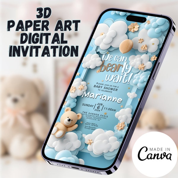 Teddy Bear Baby Shower Invitation Template, We Can Bearly Wait Electronic Invite for Boy, Editable 3D Paper Art Digital Evite, Save the Date