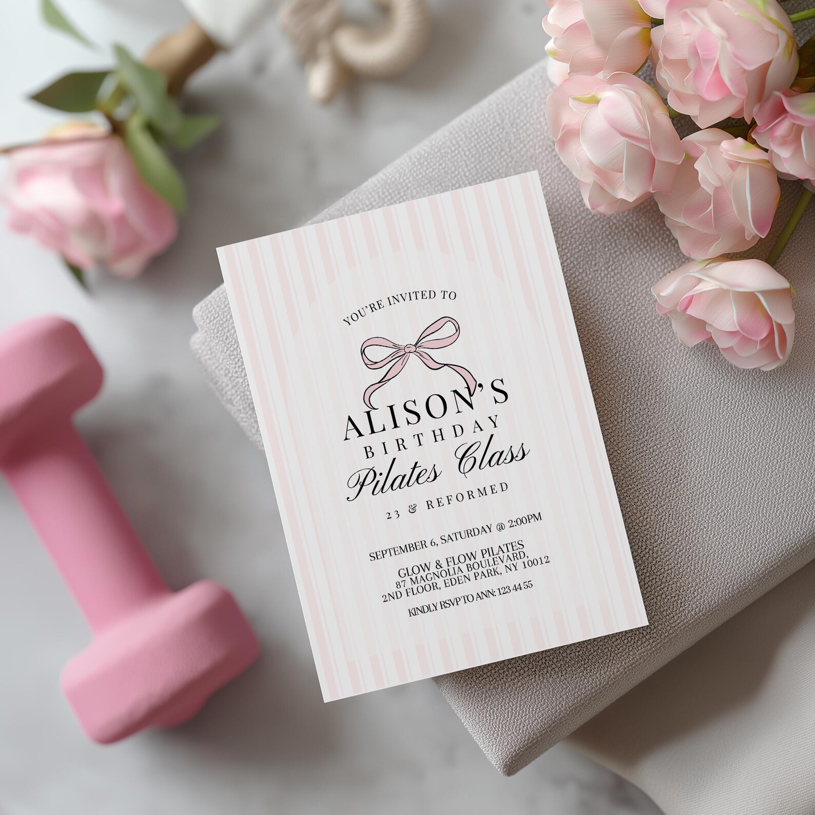 Pilates Class Birthday Invitation Template: Ribbon Coquette Theme ...