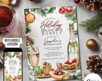 May include: A festive invitation for a Holiday Brunch & Bubbly celebration, featuring watercolor illustrations of champagne, desserts, and holiday greenery. Includes the text "Holiday Brunch & Bubbly" and details for Josephine's 30th birthday.