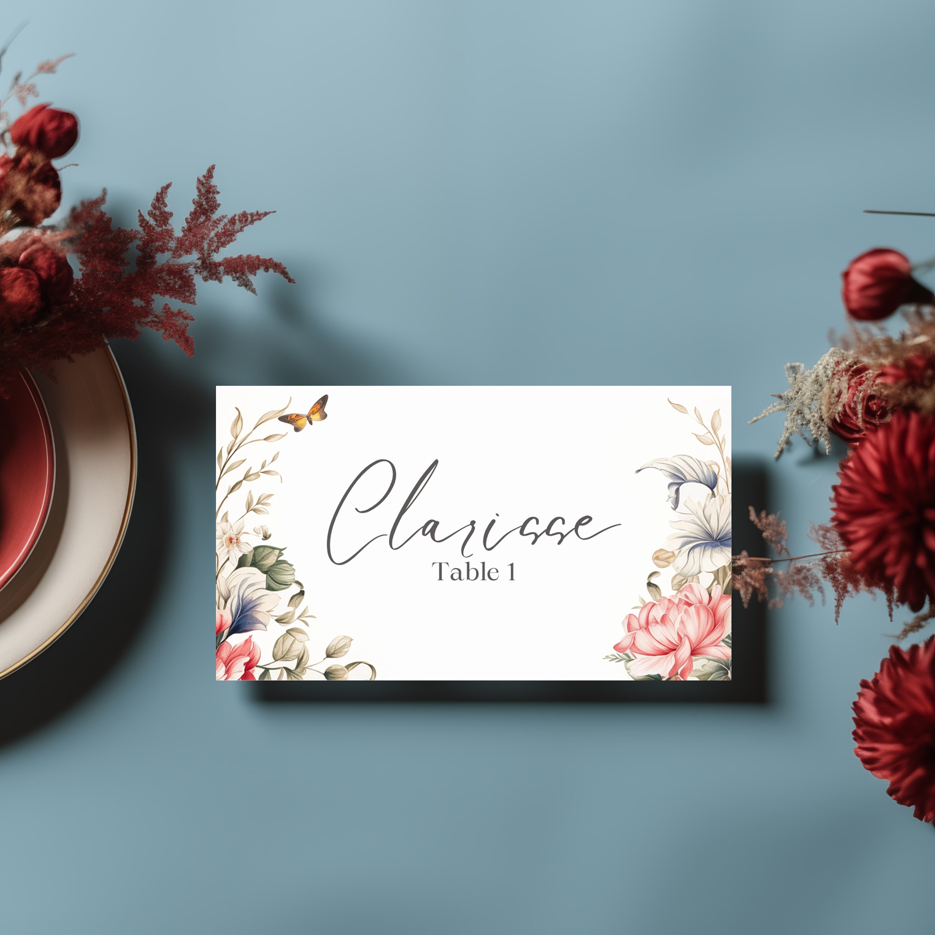 Wedding Name Card Template Spring Floral Place Setting Dainty Seating