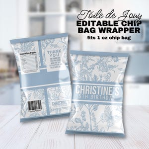 Plantilla de diseño de bolsa de papas fritas Toile De Jouy, diseño elegante francés, bolsa de dulces editable para regalar en fiestas, obsequio imprimible de diseñador de alta gama, 112
