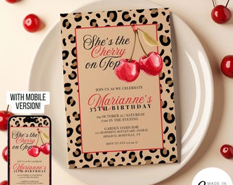 She&#39;s the Cherry on Top Birthday Invitation Template,Cheetah Print Bachelorette Invite, Girls Night Out Party Evite, Digital Download  234