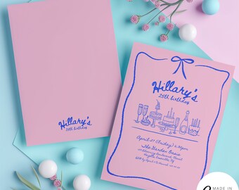 Birthday Brunch Invitation Template, Hand Drawn French Style 40th Celebration Invite, Coquette Themed Hand Written Party Digital Evite, 051