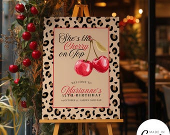 Modèle de plaque de bienvenue cerise sur le gâteau, décoration d'anniversaire impression guépard, décoration de restaurant de soirée entre filles, téléchargement numérique 234