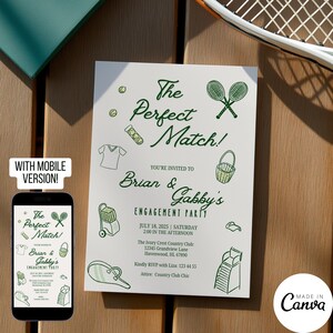 Plantilla de invitación para fiesta de compromiso con temática de tenis, invitación para fiesta de despedida de soltera en pareja en un club de campo, tarjeta para guardar la fecha con ilustración dibujada a mano, 184