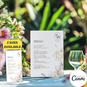 Frühlingshochzeitsmenükartenvorlage, Garten-Geburtstags-Brunch-Menübrief im Freien, Intimes Restaurant-Buffetschild, bearbeitbare Vorlage 250