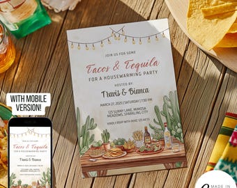 Könnte beinhalten: Eine Einladung zu einer Einweihungsparty mit Kaktus- und Wüsten-Thema. Die Einladung zeigt einen Tisch mit Essen und Getränken, darunter Tacos, Tequila und eine Margarita. Der Text auf der Einladung lautet "Schließen Sie sich uns an für Tacos & Tequila zu einer Einweihungsparty, veranstaltet von Travis & Bianca. 27. März 2025 | Samstag | 19:30 Uhr 123 Sunny Lane, Mimosa Meadows, Sparkling City Bitte melden Sie sich bei Mike: 123 445 55".