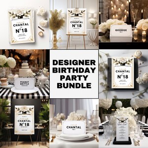 Designer Geburtstagsparty Bundle Vorlage, High End Luxus Sweet 16 Einladung, Parfum no 5 Brunch Menü Karte, Sweet 15 Willkommensschild CHANTAL