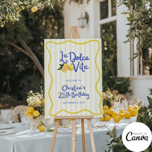 Modello di cartello di benvenuto La Dolce Vita, poster di ricevimento al limone e agrumi, cartello del ristorante per la festa di compleanno dei 16 anni, festa estiva italiana, 259