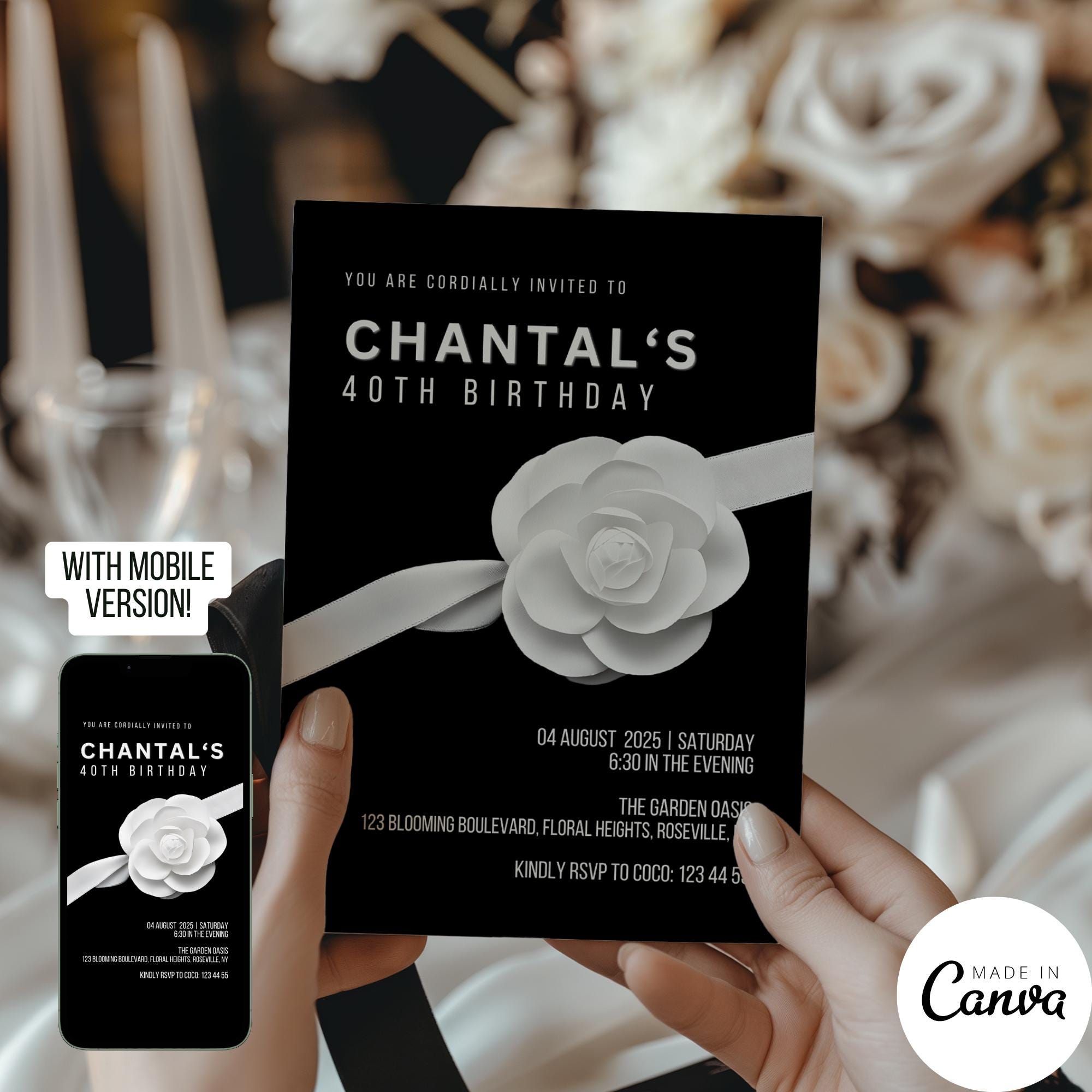 Designer Invitation Template Design, Luxury High End Perfume No 5 Invite for Sweet 16 Birthday, Editable Digital Save the Date, CHANTAL 122