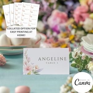 Modèle de carte de marque pour mariage printanier, carte buffet floral floral, affectation de réservation de siège couleur pastel, modèle canva 250