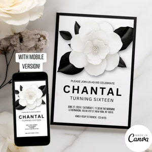 Designer Invitation Template Design, Luxury High End Perfume No 5 Invite for Sweet 16 Birthday, Editable Digital Save the Date, CHANTAL 025