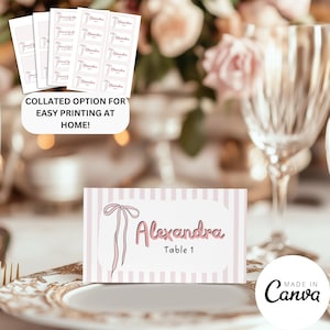 Modello per biglietto da visita per matrimonio Coquette, segnaposto con nastro disegnato a mano, carta per buffet di cibo del ristorante, assegnazione della prenotazione del posto, 304