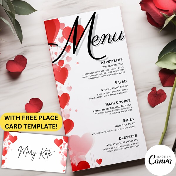 Modello di menu del ristorante di San Valentino, carta del menu di nozze, menu del pranzo della festa di Galentine, modello di tela modificabile, decorazione di San Valentino