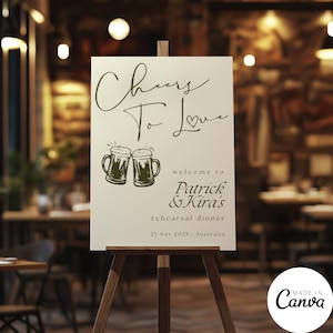 Op de afbeelding: Een wit bord met de tekst "Cheers To Love" in cursief schrift, met een groen hart symbool. Onder de tekst staan twee groene illustraties van bierglazen. Het bord bevat ook de tekst "Welcome to Patrick & Kira's rehearsal dinner 25 Nov 2025 Australia".