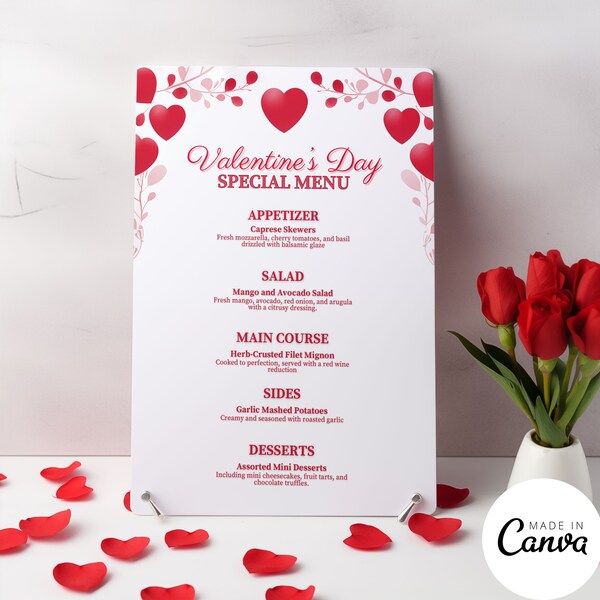 Modello di menu del ristorante di San Valentino, carta del menu di nozze, menu del pranzo della festa di Galentine, modello di tela modificabile, decorazione di San Valentino