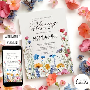 Birthday Brunch Invitation Template, Spring Flower Electronic Invite for Sweet 16, Editable Digital Save the Date for 40th Bday Lunch