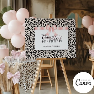 Coquette Cheetah Print Welcome Sign Template, She&#39;s a Wild One First Birthday Decor, Pastel Pink Girls Night Out Restaurant Decor, 253