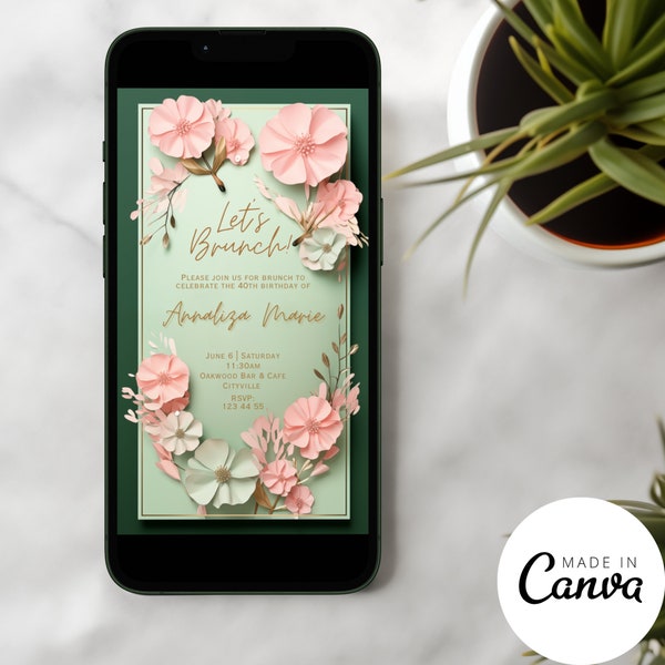 MOBILE Birthday Brunch Invitation Template, Spring Birthday Brunch Invite, Brunch Flyer, Digital Save the Date, Editable Canva Template