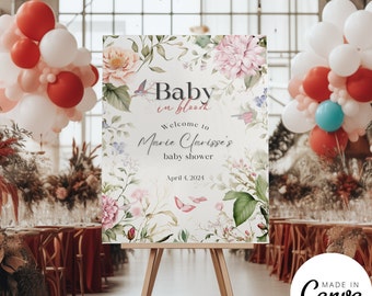 Baby In Bloom Baby Shower Welcome Sign Greenery, Welcome sign Template, Baby Shower Decorations, Baby in Bloom Shower