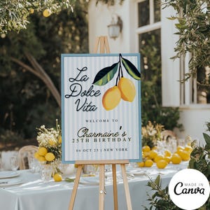 Modello di cartello di benvenuto La Dolce Vita, poster di ricevimento al limone e agrumi, cartello del ristorante per la festa di compleanno dei dolci 16, festa estiva italiana, 142