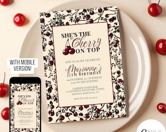 She's the Cherry on Top Birthday Invitation Template,Cheetah Print Bachelorette Invite, Girls Night Out Party Evite, Digital Download  262