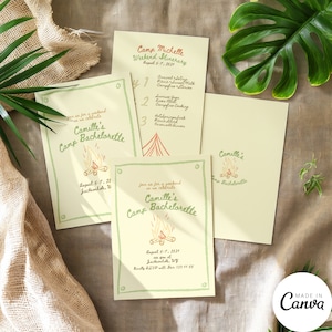 Uitnodiging vrijgezellenfeest kamp, meisjesreis glamping weekendroute, wandelthema uitnodigen, bewerkbare canva-sjabloon, 046