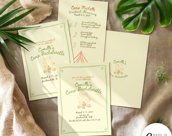 Camp Bachelorette Bash Invitation, Girl's Trip Glamping Weekend Itinerary, Hiking Theme Invite, Editable Canva Template, 046